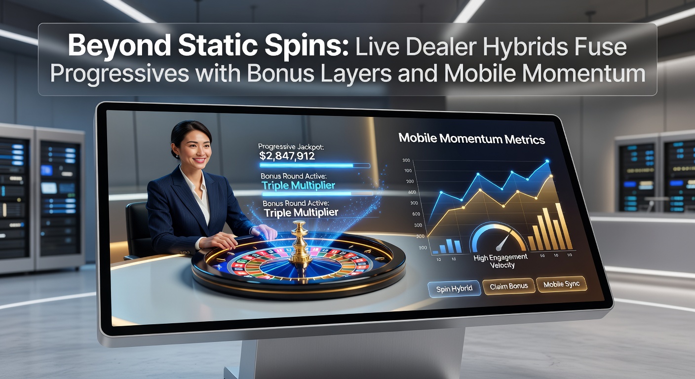 Dynamic live dealer hybrid interface displaying a progressive jackpot meter climbing alongside bonus wheel activations on a mobile screen