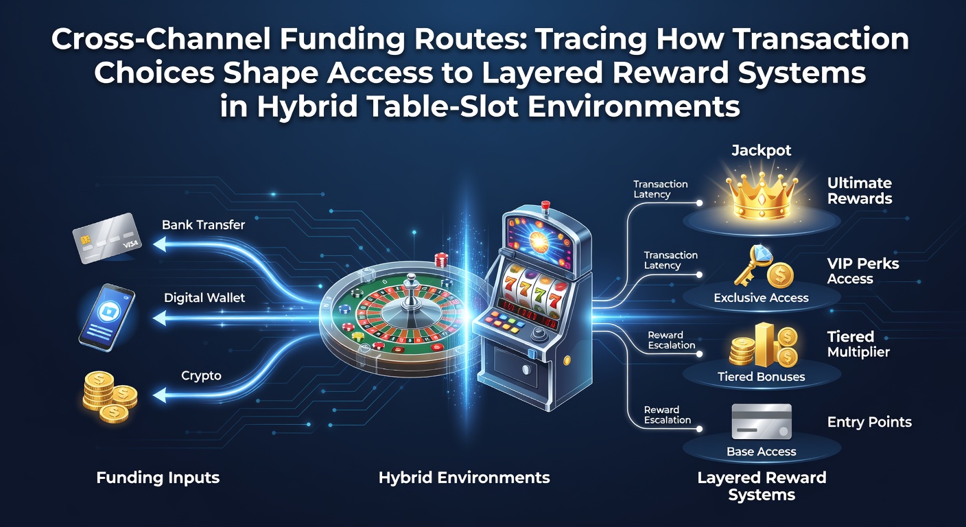 Cross-channel funding routes in hybrid table-slot environments showing transaction flows and reward layers