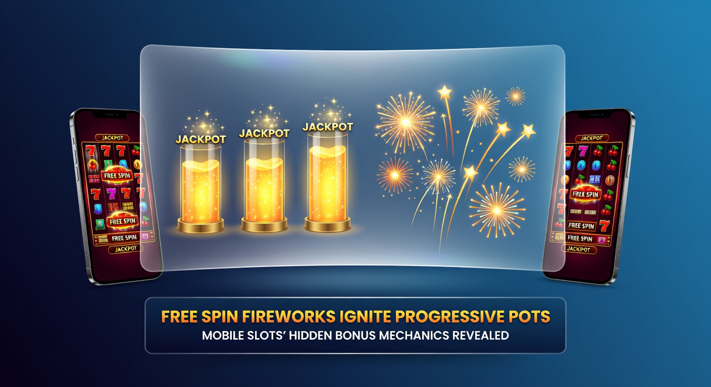 Close-up of a mobile slot progressive jackpot meter filling during a free spins fireworks bonus, with coins and explosions cascading across the reels