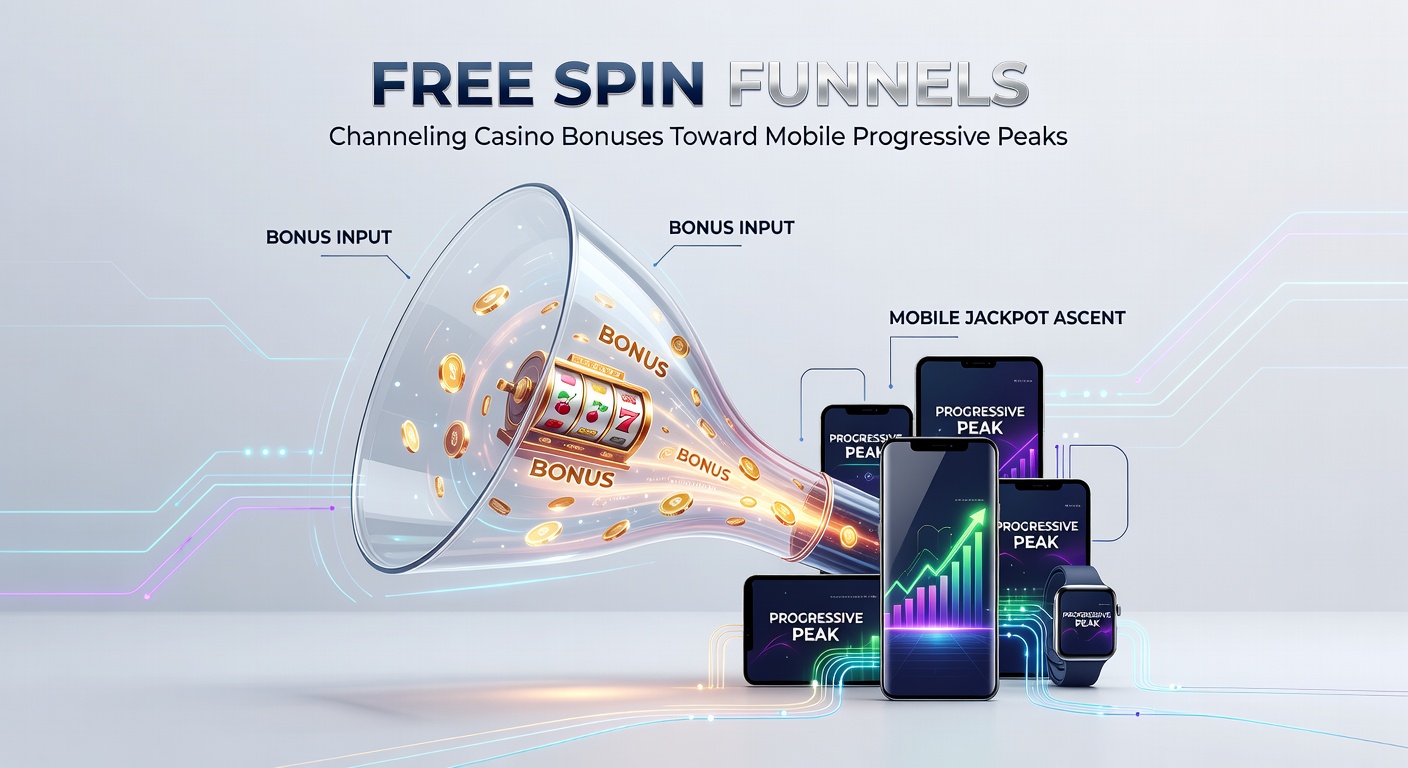 Mobile phone displaying a free spins bonus funnel leading to a bursting progressive jackpot, with cascading reels and glowing bonus icons