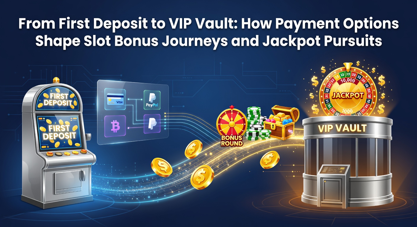 Illustration of diverse payment icons connecting to slot reels, bonuses, and jackpot vaults, symbolizing the player journey from deposit to big wins