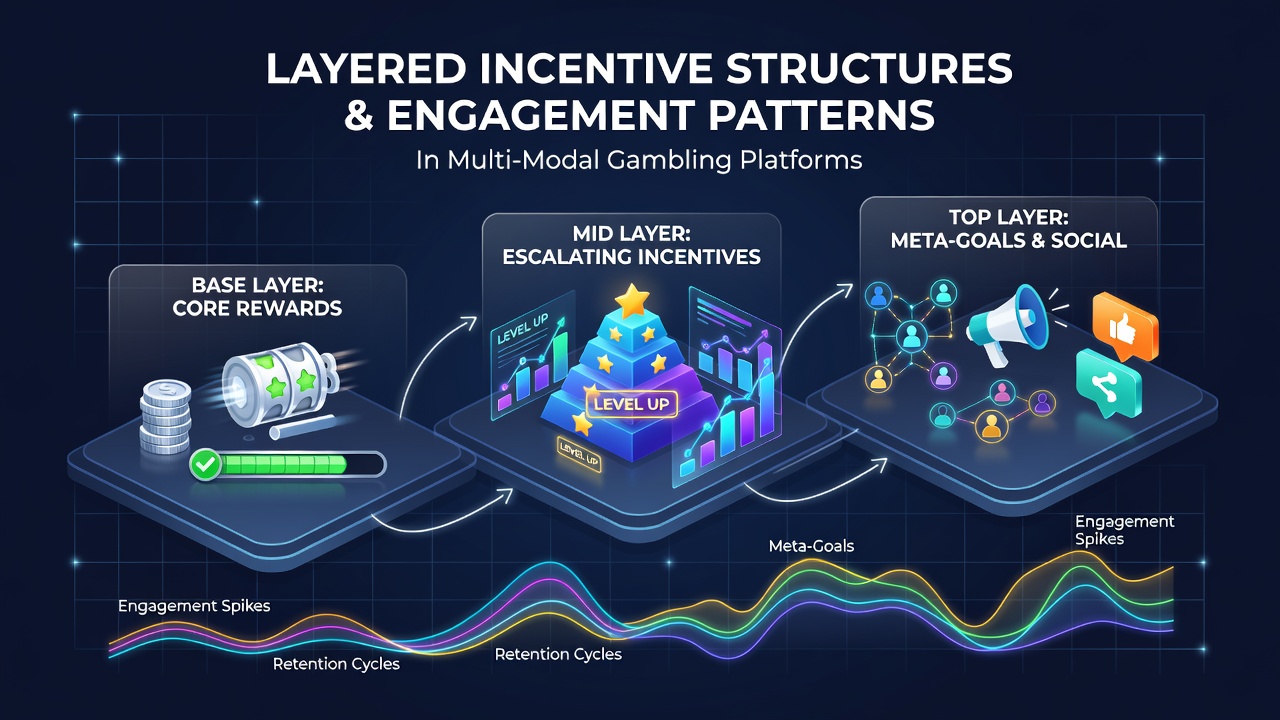 Diagram showing layered incentive structures across slots, live dealer games, and sports betting interfaces on a multi-modal gambling platform