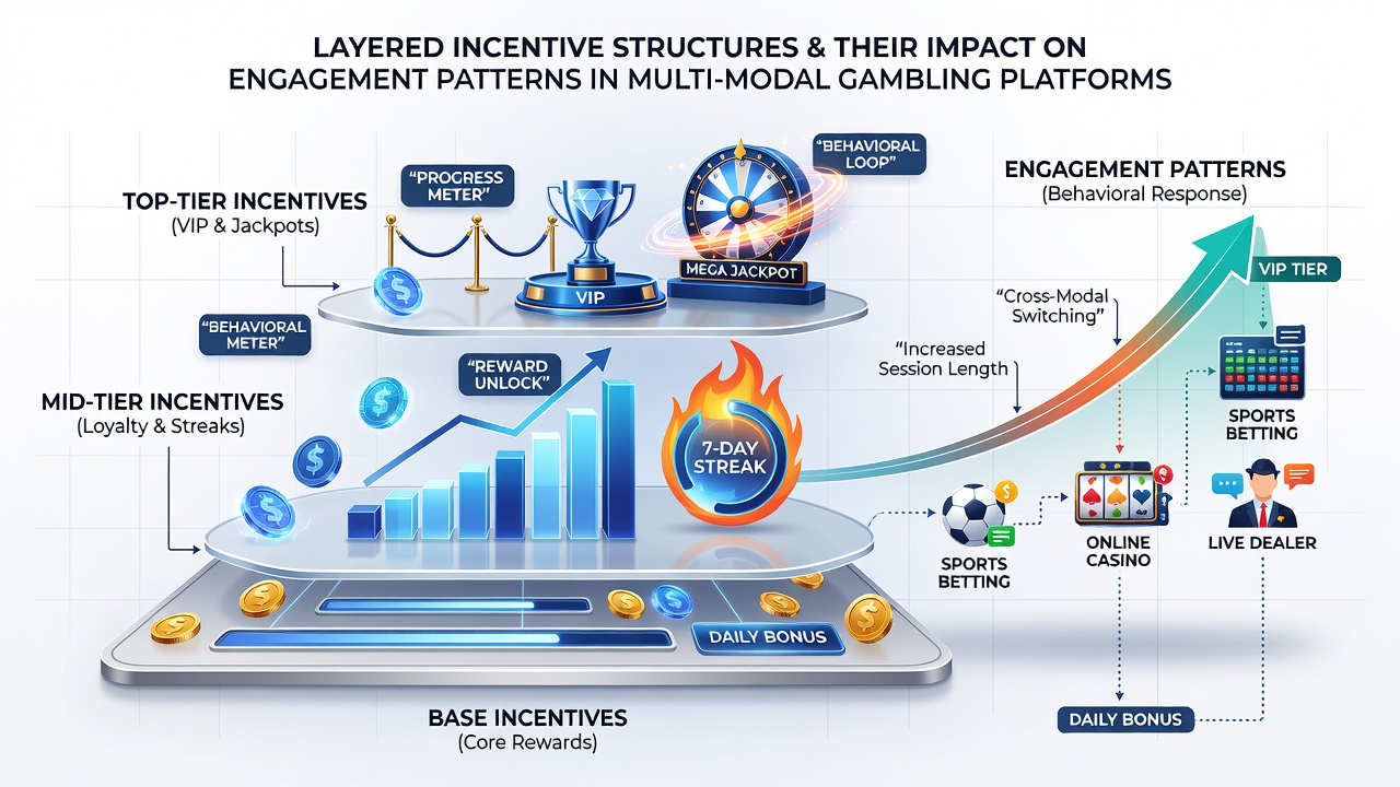 Infographic illustrating engagement pattern changes before and after implementation of tiered incentives in multi-modal gambling environments