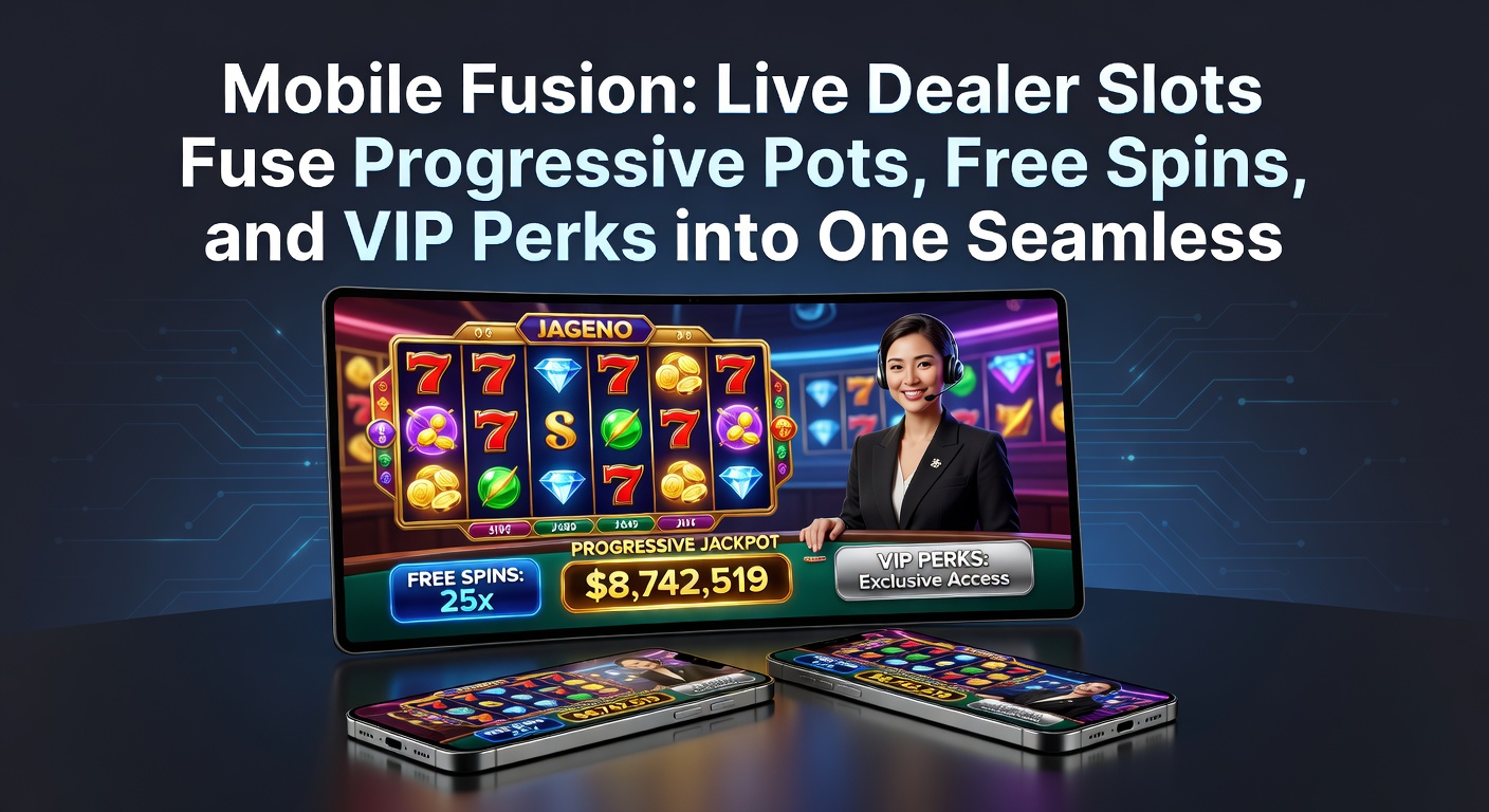 Vibrant mobile screen displaying a live dealer spinning a slot reel with progressive jackpot ticker, free spin icons, and VIP badge glowing in the corner
