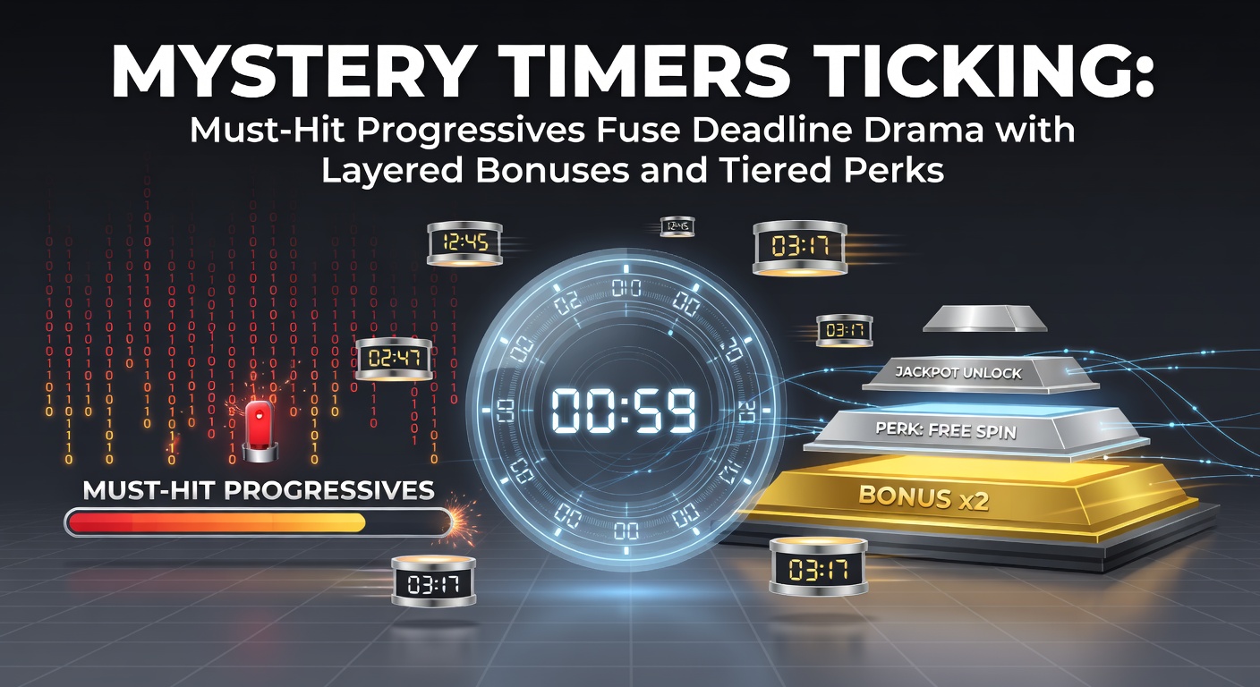 Close-up of a slot machine screen displaying a ticking mystery timer next to a must-hit progressive jackpot meter, with bonus layers overlayed in vibrant graphics