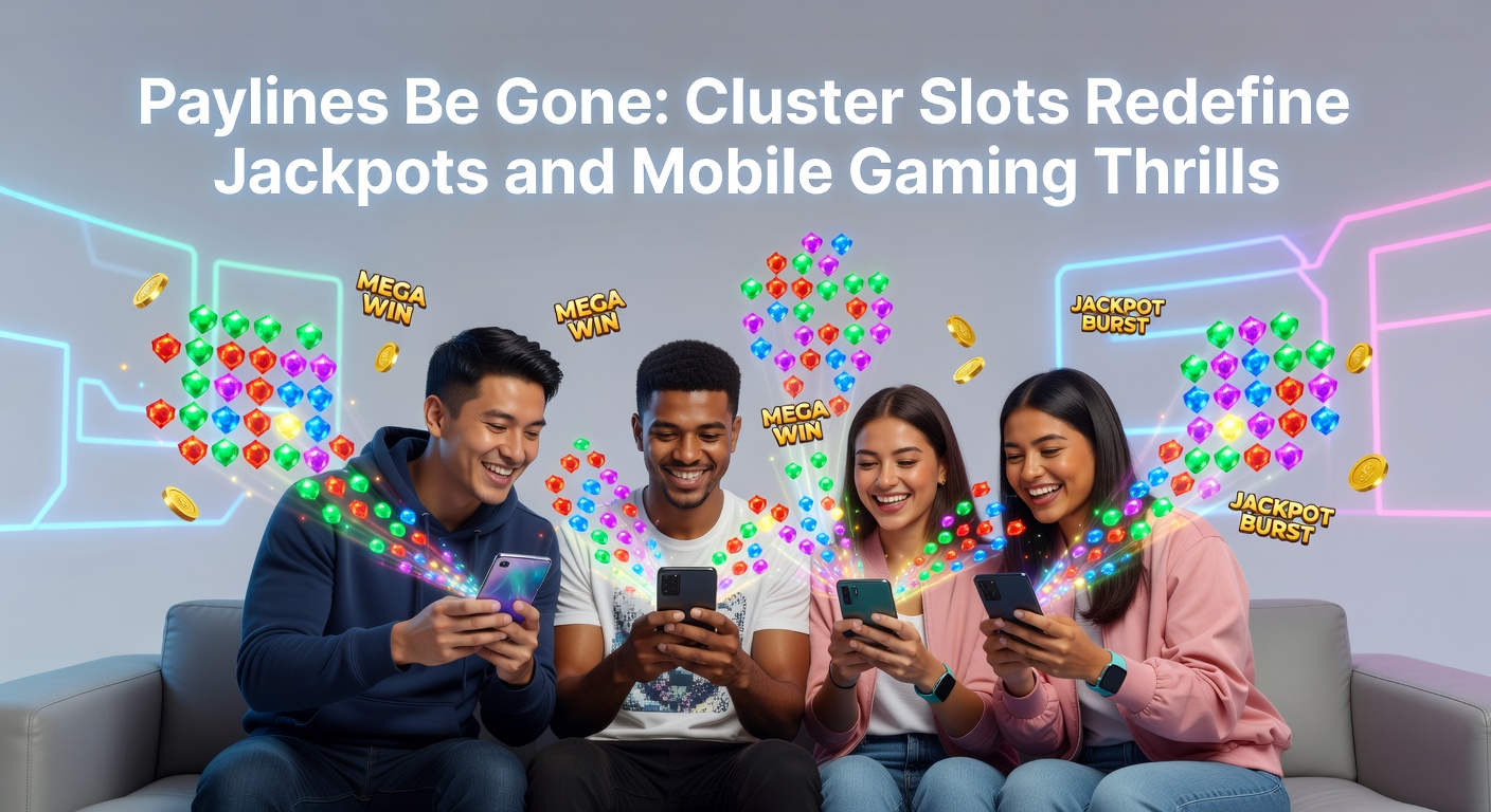 Mobile phone displaying a cluster slot with cascading wins and jackpot meters building rapidly