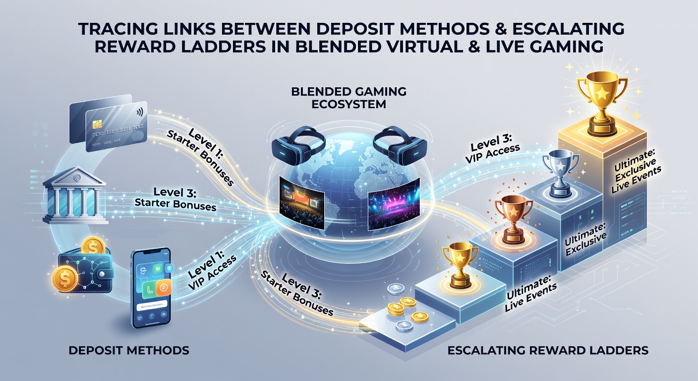 Flowchart style visualization linking payment gateways to multi-level reward systems in combined virtual and live casino play