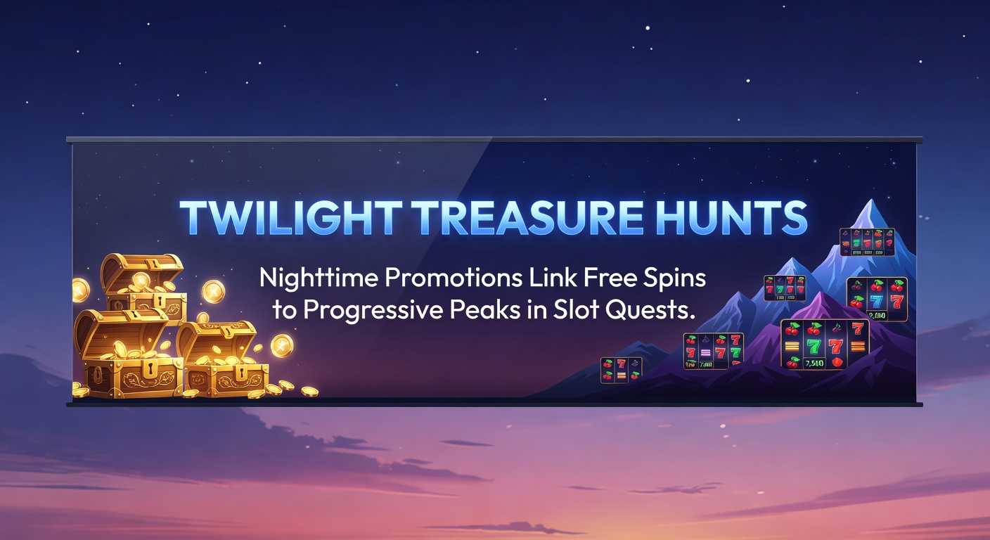 Vibrant nighttime slot screen showing treasure hunt quest with glowing progressive jackpot meter and free spin counters
