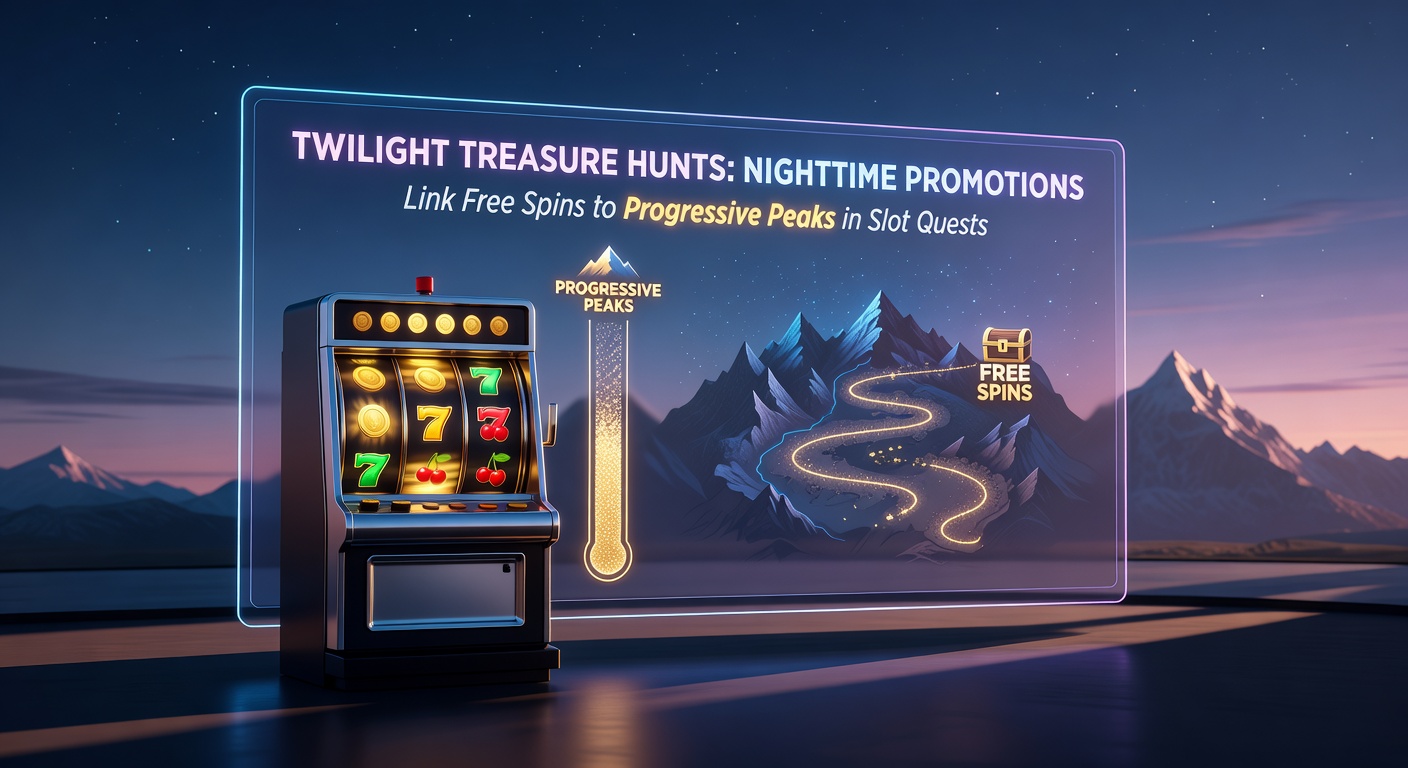 Dynamic slot interface at night with treasure chest symbols exploding into free spins and a rising progressive jackpot trail